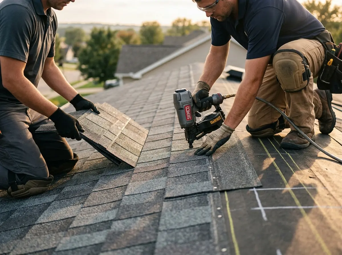 Professional roofer working on a residential roof in Bear Creek